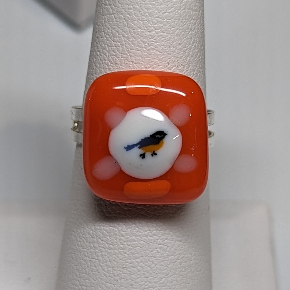 Artisan Handmade orange glass bird Baltimore Orioles animal print statement ring